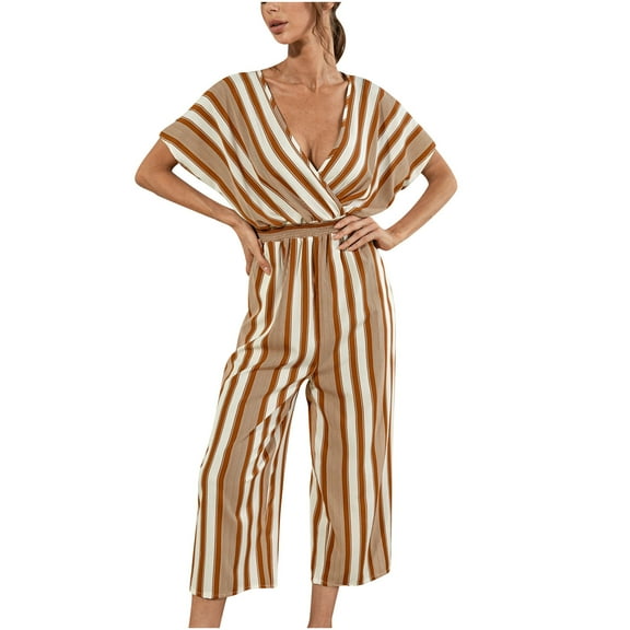 Tuphregyow Stylish Women's Short Sleeve V Neck Striped Print Jumpsuit Casual Comfortable Romper for Summer Beachwear Women Jumpsuit Yellow S