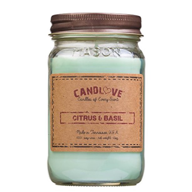 Candlove "Cool Citrus Basil" Scented 16oz Mason Jar Candle 100 Soy