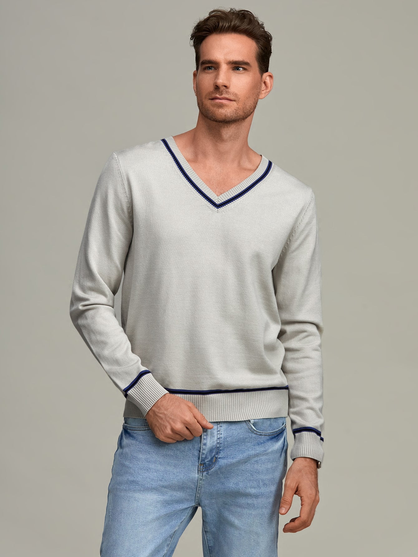 Men Striped Trim Cricket Sweater 