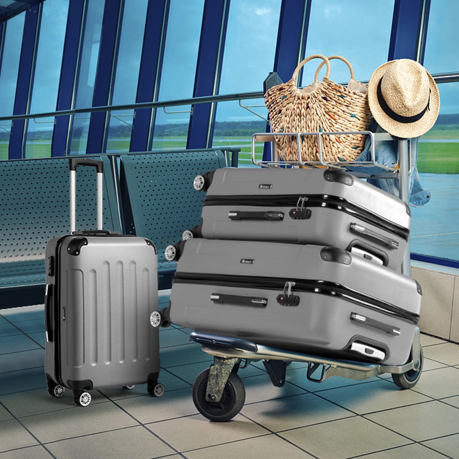 Ktaxon Luggage 3 Piece Sets, ABS Hardside Lightweight Suitcase with TSA Lock Spinner Wheels, 20in 24in 28in, Gray