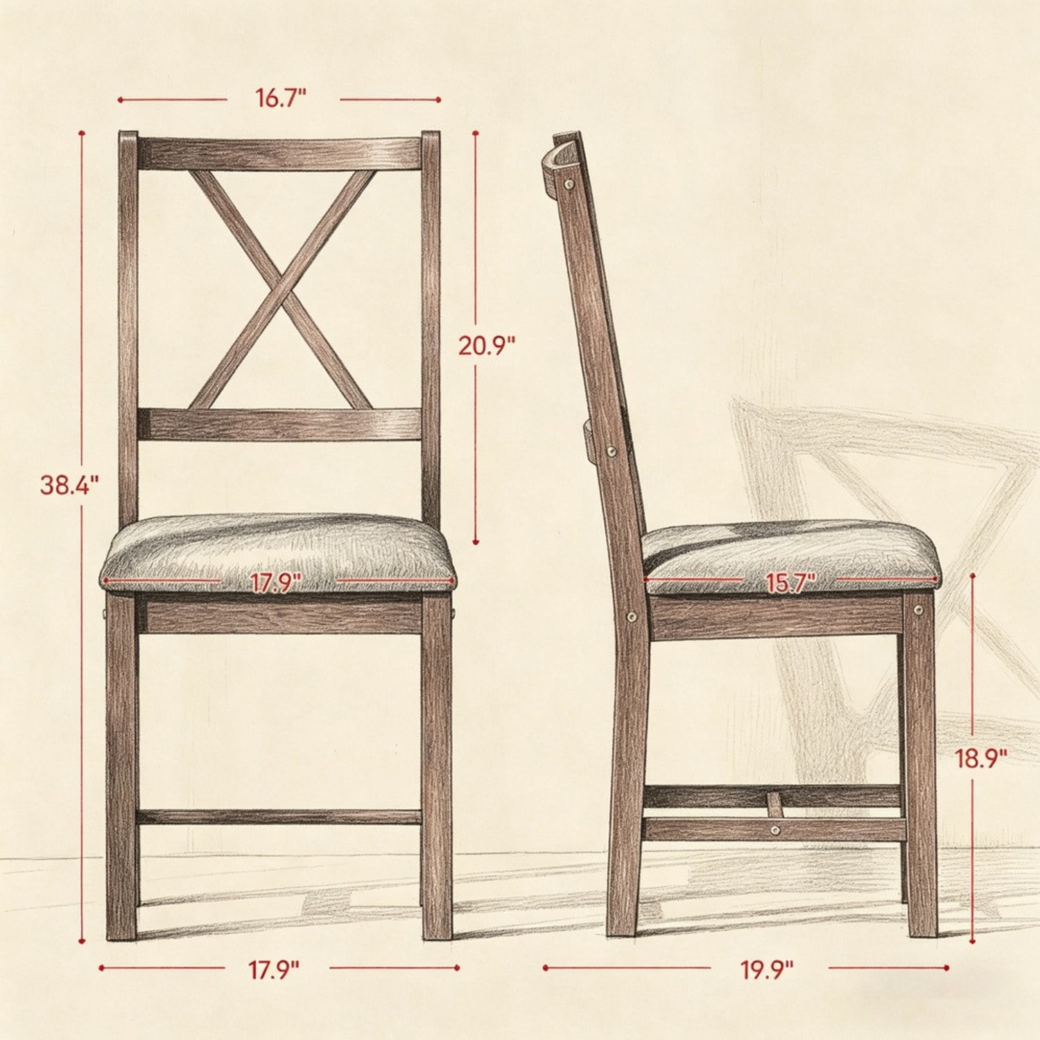 2-Piece Mid-Century Modern Dining Chairs, Walnut Finish with Gray Linen Upholstery, X-Back, Padded Seat, Solid Rubberwood, 264 lb Capacity