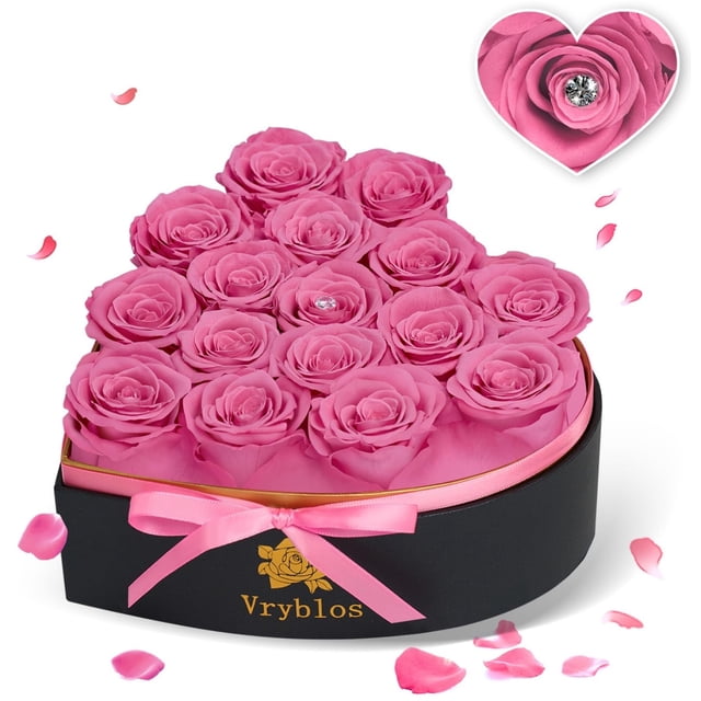Flor preservada Vryblos Forever con forma de corazón, 16 rosas rosadas