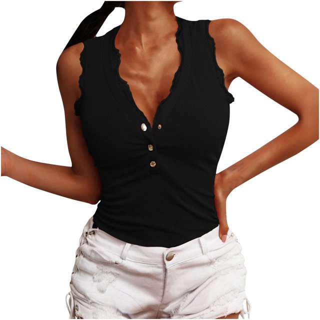 Camiseta sin mangas con cuello en V y botones de encaje a la moda para mujer Pompotops lopia998050