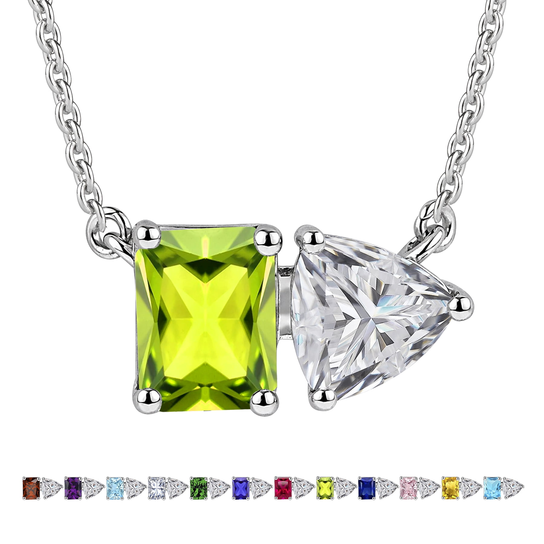 JeenMata 4.75 Carat Peridot & Cubic Zirconia Two Stone Birthstone Necklaces - August Birthstone Emerald and Trillion Cut Pendant Necklace in 18K White Gold Plating Gift for Women