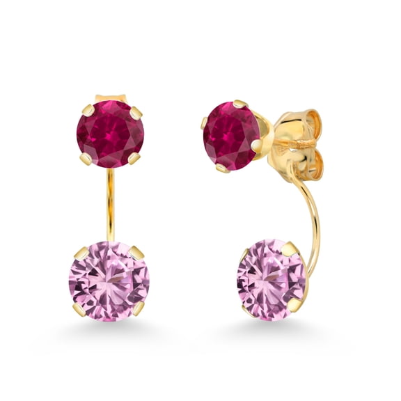 Gem Stone King 14K Yellow Gold Pink Created Sapphire and Red Created Ruby Dual Drop 2 Stone Round Earrings for Women (4.00 Cttw, Gemstone Birthstone, Round 6MM and 5MM)