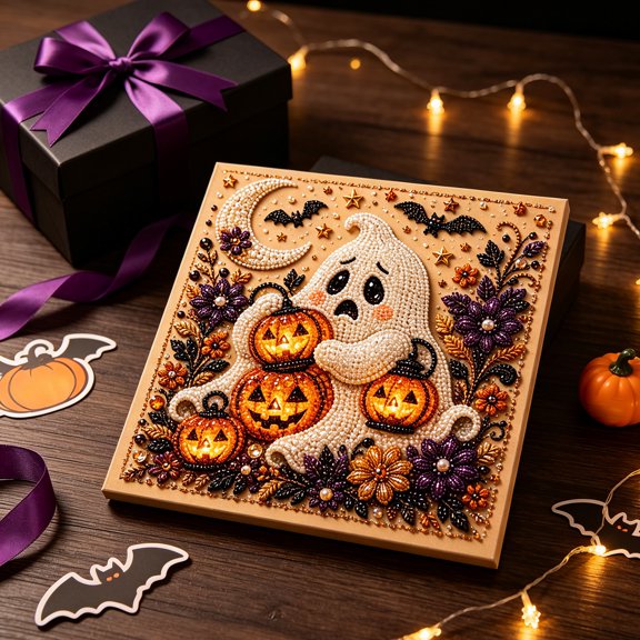 Halloween Pearl Art Kit, Cute Ghost 3D Diamond Art DIY Craft Kit with Resin Pearls, Halloween Wall Decor Painting for Beginners, Fall Home Decoration, Seasonal Party Activity & Handmade Gift