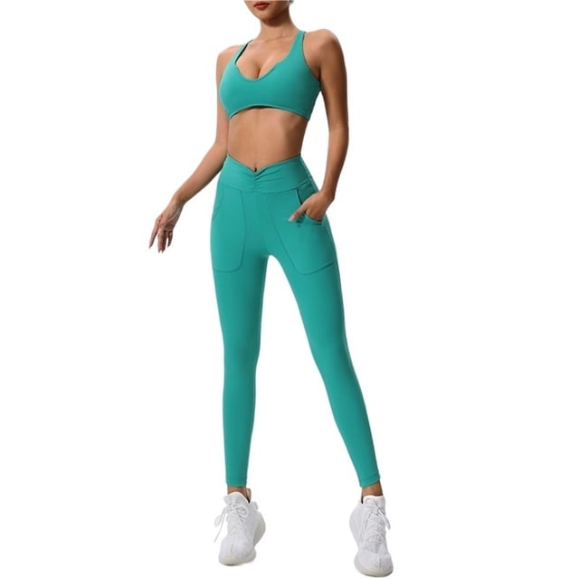 Conjunto de yoga ajustado de secado rápido for mujer, traje deportivo for correr con bolsillo, transpirable, de dos piezas, estilo nude