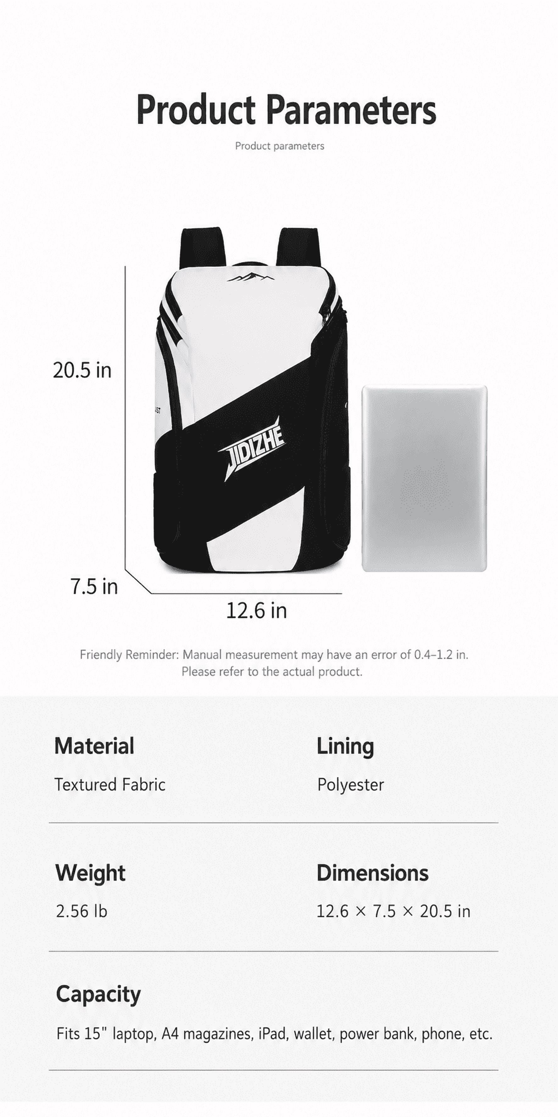 JIDIZHE Ski Boot Backpack Water-Resistant Textured Fabric 12.6 x 7.5 x 20.5 in for Snow Travel, Black and White