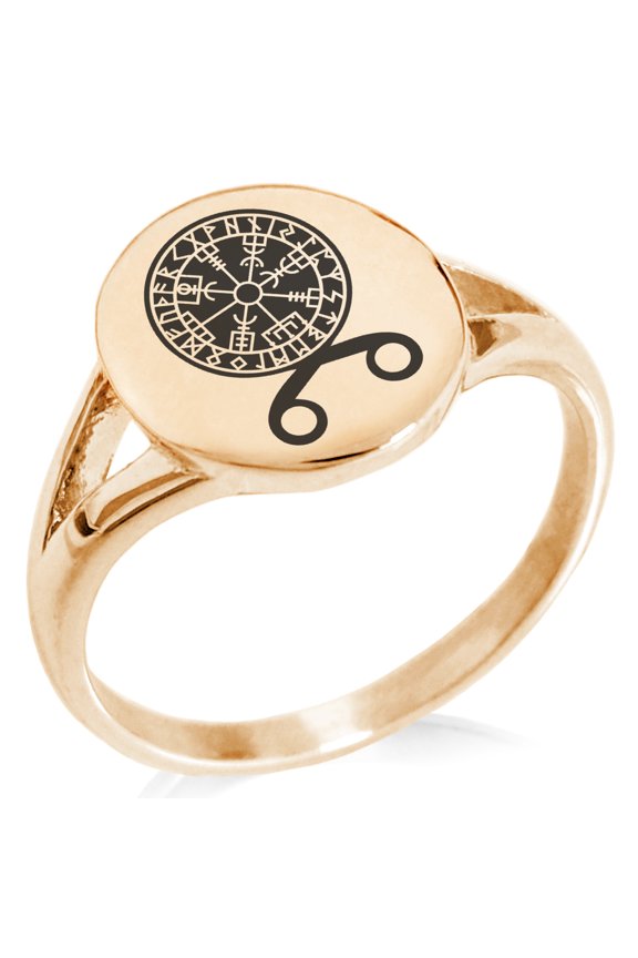 Stainless Steel Binding Vegvisir Troll Cross Runic Viking Minimalist Oval Top Polished Statement Signet Ring