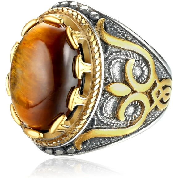 Retro Large Tiger Eye Stone Mens Ring Turquoise Vintage Ring for Men Oval Gemstone Stainless Steel Ring Size 7-13