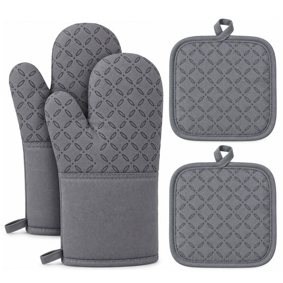 M Buder Oven Mitts Set, 4 Pcs 392°F Heat Resistant Pot Holders and Oven Mitts, Extra Long Thick Cotton Kitchen Oven Gloves for Cooking, Baking, BBQ, Gray
