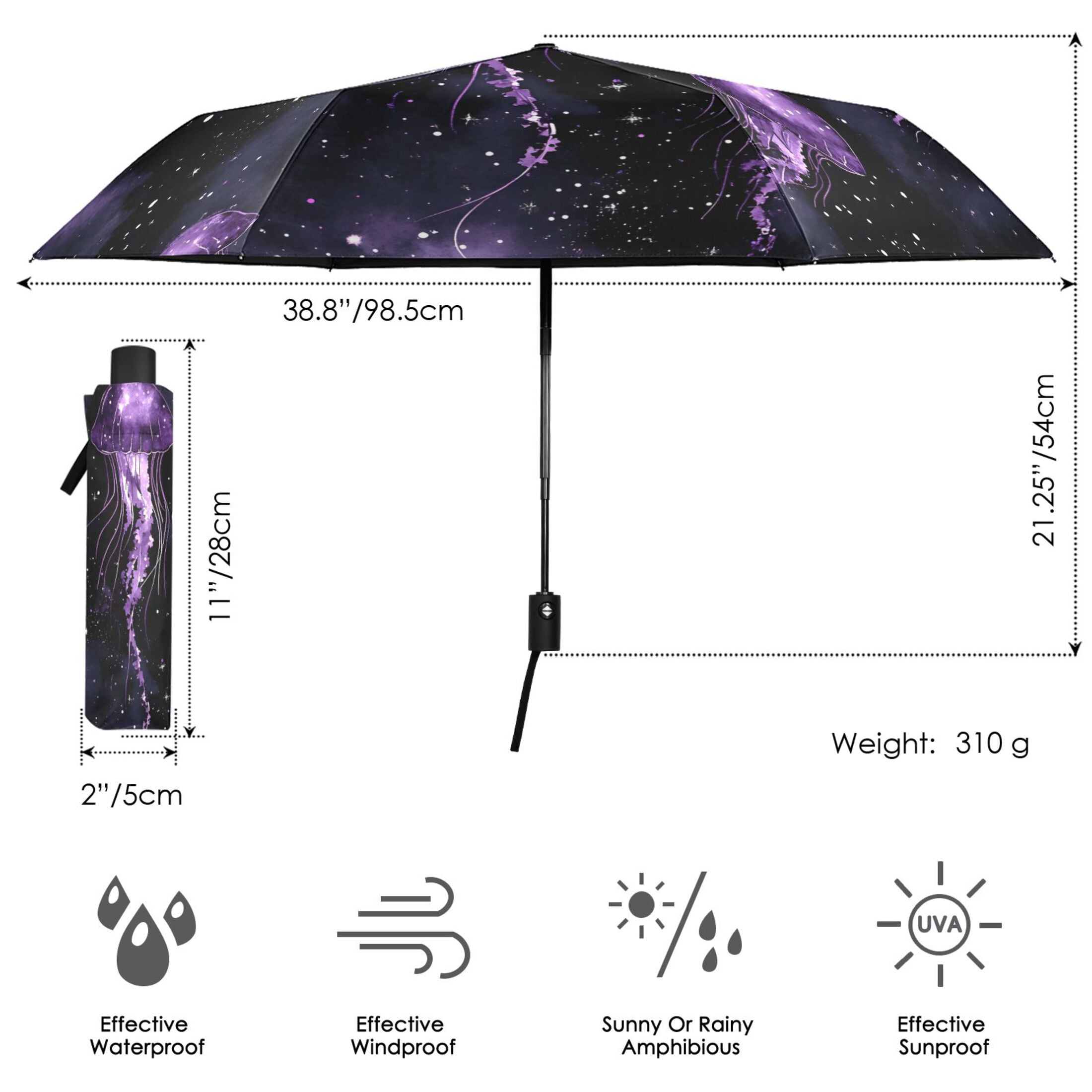 Glow in The Dark Jellyfish Folding Umbrella UV50+ Waterproof Sun Protection Auto Open Close Compact Fiberglass Frame