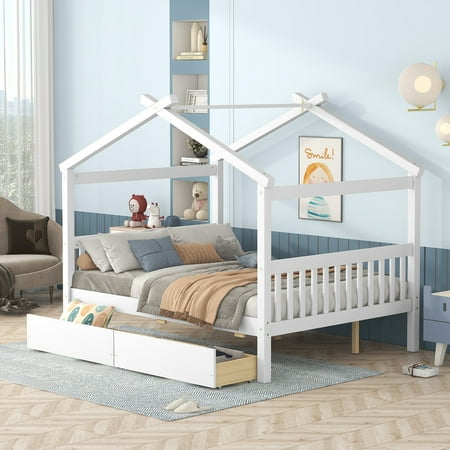 Wooden House Bed with Drawers