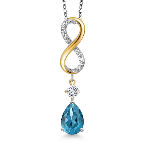 925 Silver and 10K Yellow Gold London Blue Topaz and White Moissanite and Lab Grown Diamond Pendant Necklace for Women | 2.79 Cttw | Gemstone November Birthstone | Pear Shape 10X7MM | With 18 " Chain