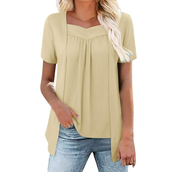 ZHENHONG T Shirts for Women,Summer Trendy Casual Short Sleeve Square Neck Blouses Plain Loose Graceful Tops,Beige Women Blouses
