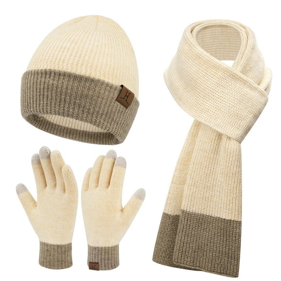 FZ FANTASTIC ZONE Womens Winter Beanie Hats Long Neck Scarf Touchscreen Gloves Set Warm Knit Hat Skull Caps Christmas Gift for Women Beige