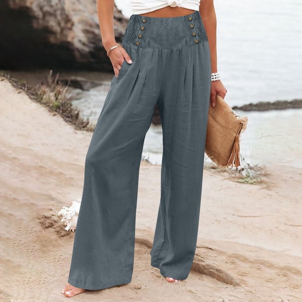 WILLBEST Pantalones Casuales elegantes para Mujer, Pantalones Palazzo de Verano de Pierna Ancha, Pantalones de Playa Holgados de Cintura Alta con Bolsillo para Uso Diario Chica