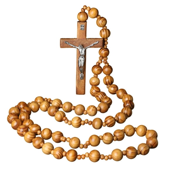 Extra Long Wooden Religious Wall Art Sacred Rosary Display with Thick Beads and Crosses for Church Meditations Space