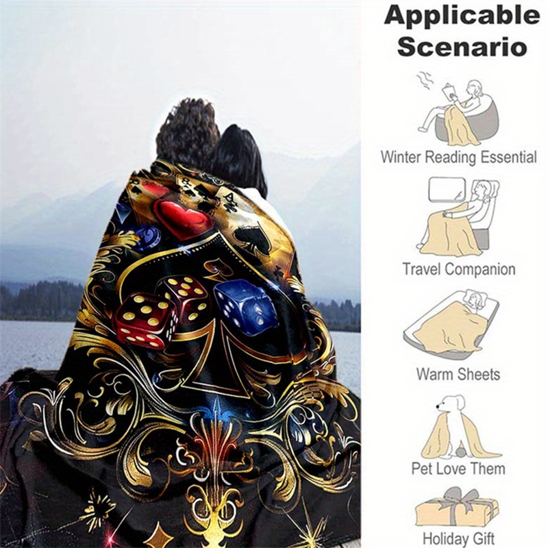 Vintage Poker and Dice Blanket 85.04inch Retro Plush Throw Warm & Lightweight Multipurpose Sofa Bed Travel Picnic Mat Non-Woven Red Longest Side Over 70.87inch