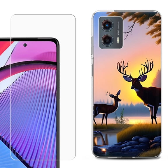 OneToughShield ® Compatible with Motorola Moto G 5G 2023, Shockproof Phone Case, with Tempered Glass Screen Protector - Deer Sunset