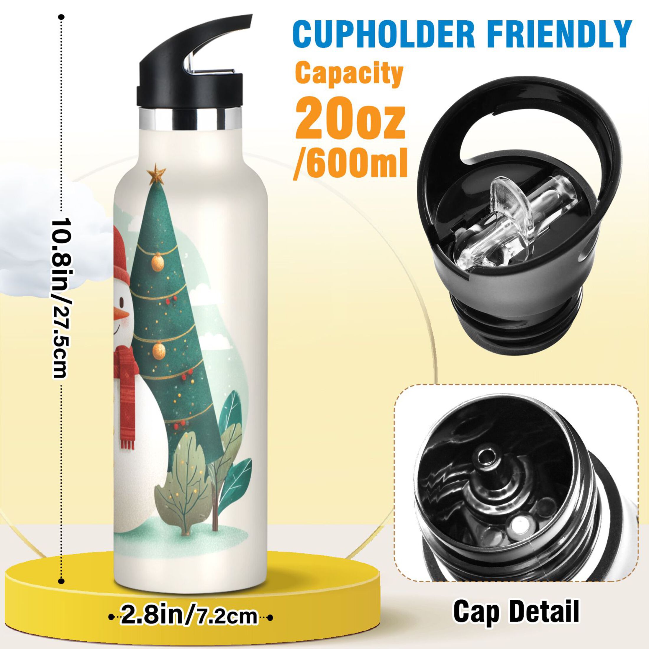 600ML Stainless Steel Insulated Cup Sports Water Bottle Portable Thermos Cup Water Glasses Insulated Tumblers Convenient and Durable A Beautiful Watercolor Christmas Snowman