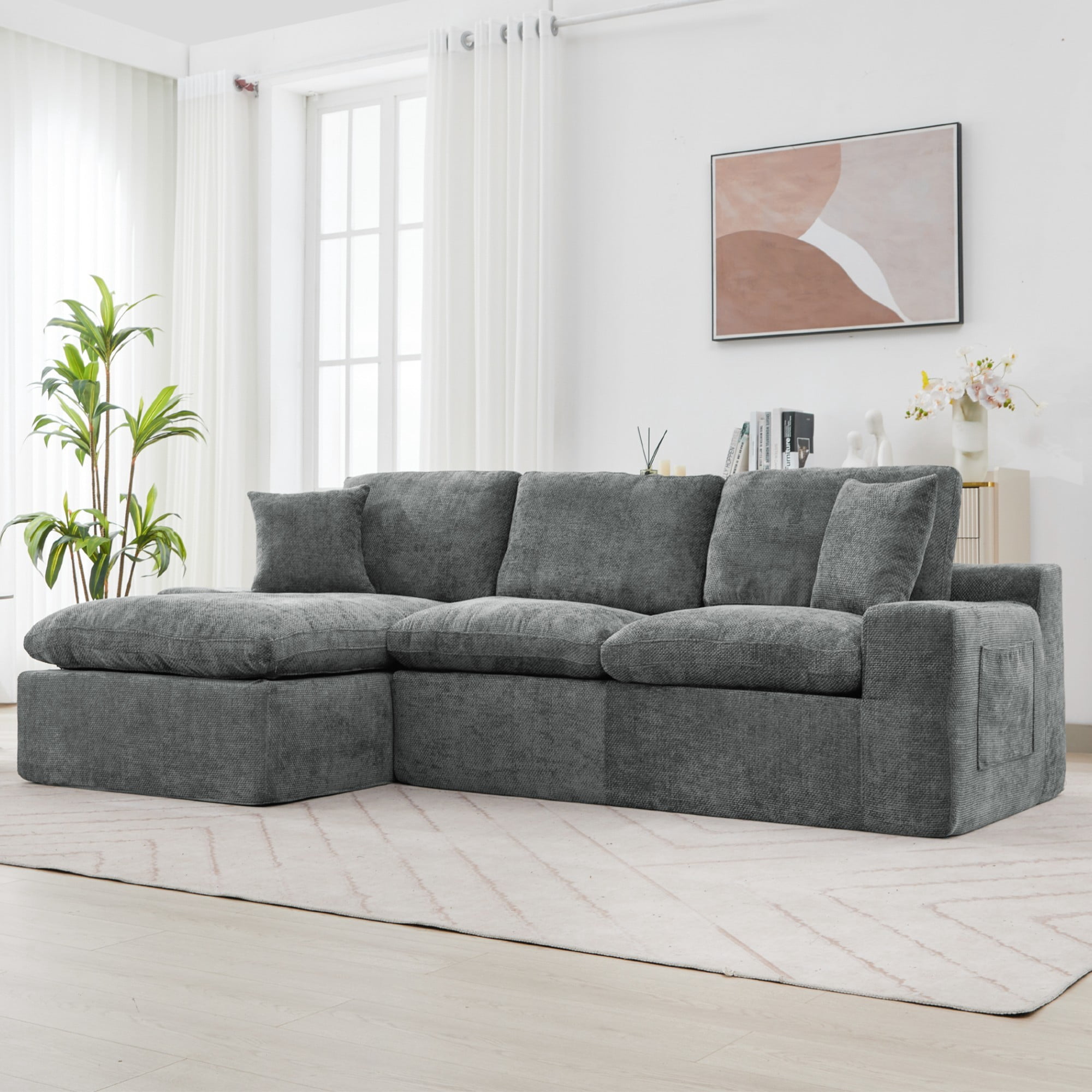 107.9" Upholstered Sectional Sofa,Cloud Sofa Couch with Double-layer Cushion and Side Pockets,Compressed Sofa,Free-combined Sectional Sofa for Living Room,Grey