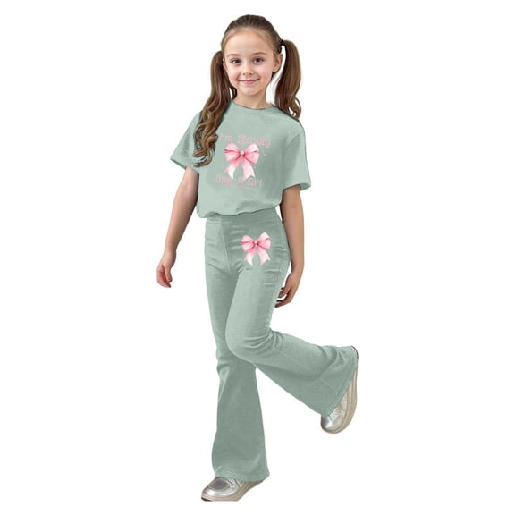 Girls Outfit Sets Stylish Flared Pants Top Comfy Daily Fashion Valentines Baby Girl Outfit,Light Green,11Y