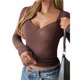 thumbnail image 3 of Camisetas de Larga con Cuello en V para Mujer, Top Corto con Doble Forro y Copa con Costura, Tops para Salir Marrón L, 3 of 7