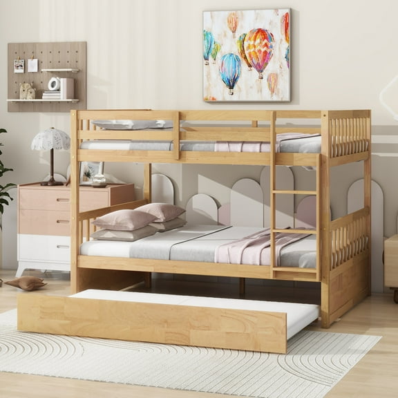 Full Over Full Bunk Bed with Trundle, Convertible Wooden Bed Frame with Safety Guardrails & Ladder, Space-Saving Platform Design for Teens Adults, White Oak
