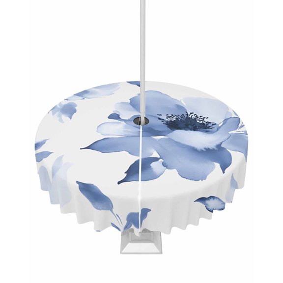Fsddascl Blue Floral Spring Outdoor Tablecloth - 60 Inch Round Dining Table Cover, Retro Watercolor Botanical Summer Waterproof Outdoor Table Cloth with Umbrella Hole & Zipper for Picnic/Patio/Party
