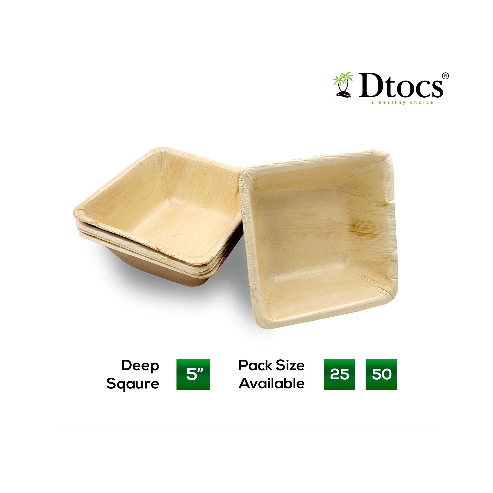 Dtocs Palm Leaf Disposable Bowls (Pack 50) 5" Square Bamboo Bowl like EcoFriendly