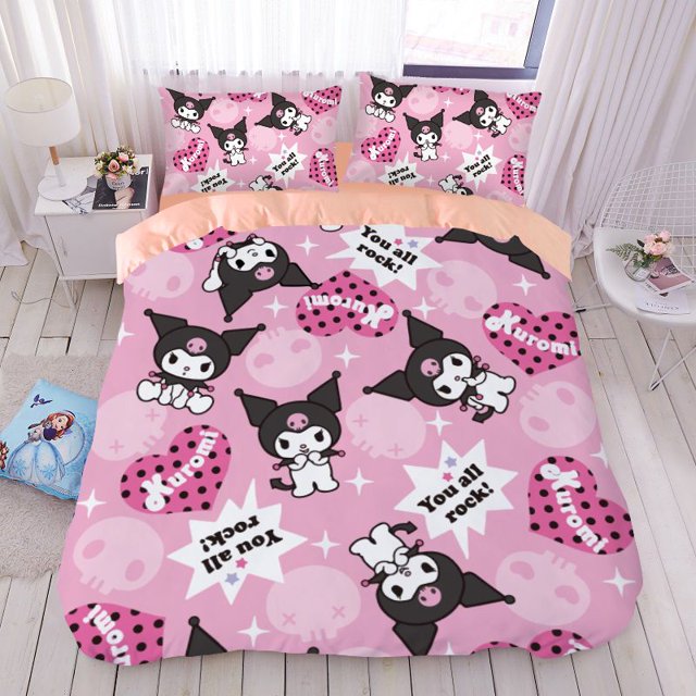 Conjunto de cuatro piezas de algodón puro de dibujos animados de anime Sanrio Kuromi para niñas, juego de sábanas de algodón puro para dormitorio individual, funda de edredón, juego de tres piezas