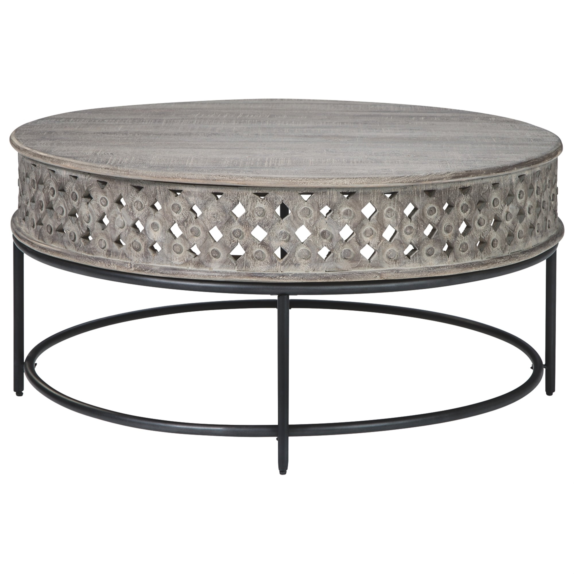 Wooden Round Cocktail Table with Hand Carved Lattice Design,Weathered