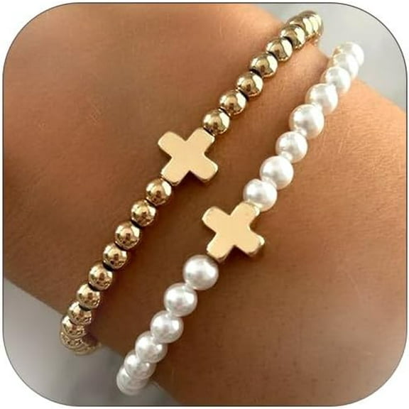 Cross Bracelets Set for Women Beaded Bracelet Dainty Stackable Pearl Cross Gold/White Elastic Trendy Jewelry (Gold and Silver)
