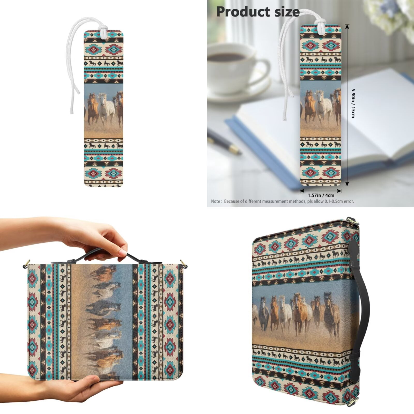 Kuiaobaty Aztec Horse Print Bible Case for Women Men Leather Bible Cover Church Bag with Bookmark Roomy Bibles Carrying Case with Handle and Strap for Christian Daily, Beige