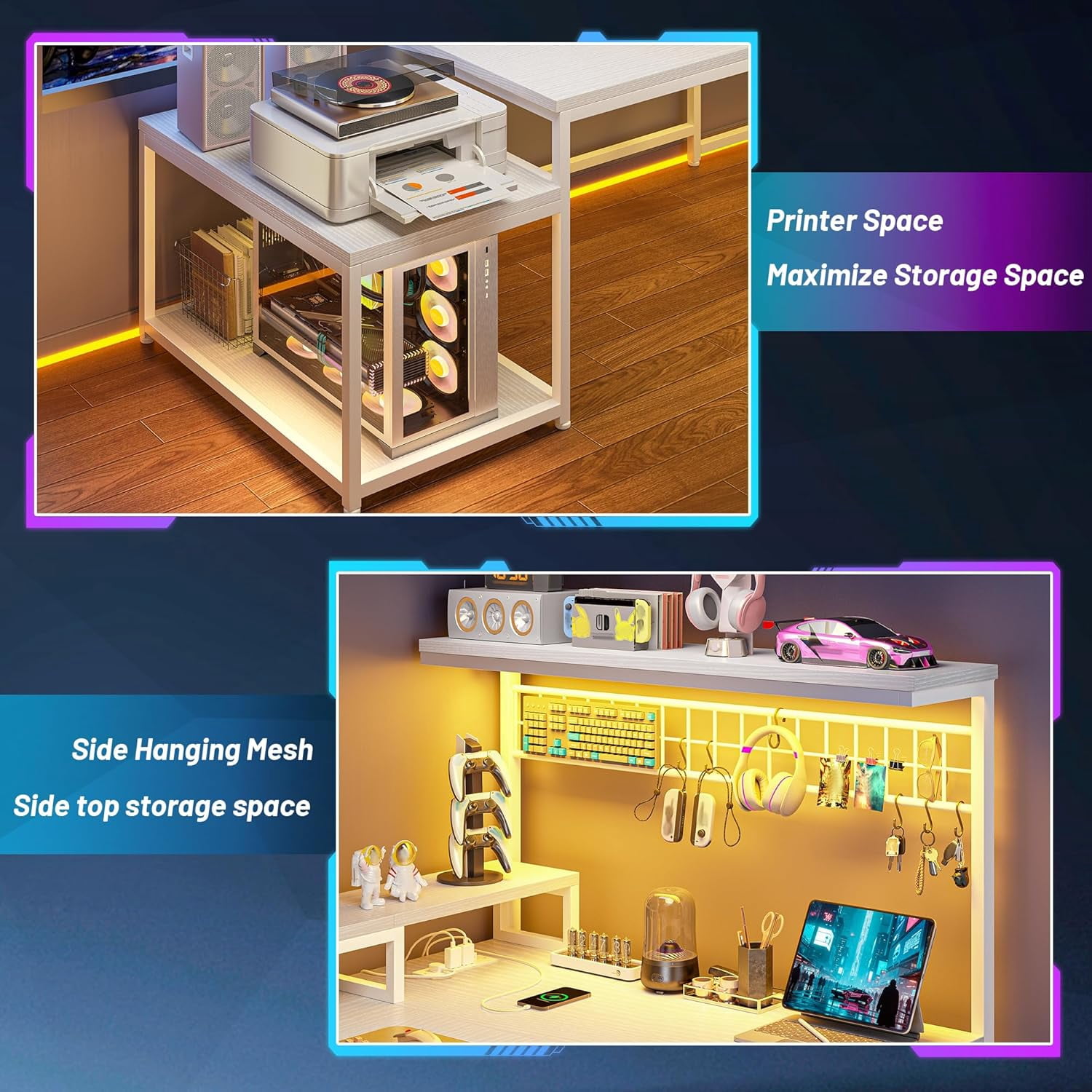 L Shaped Gaming Desk with Shelves & Hooks,56" Reversible Corner Gaming Table with LED Lights & Power Outlets,Computer Desk with Storage & Monitor Stand & Print Stand for Home Office,White