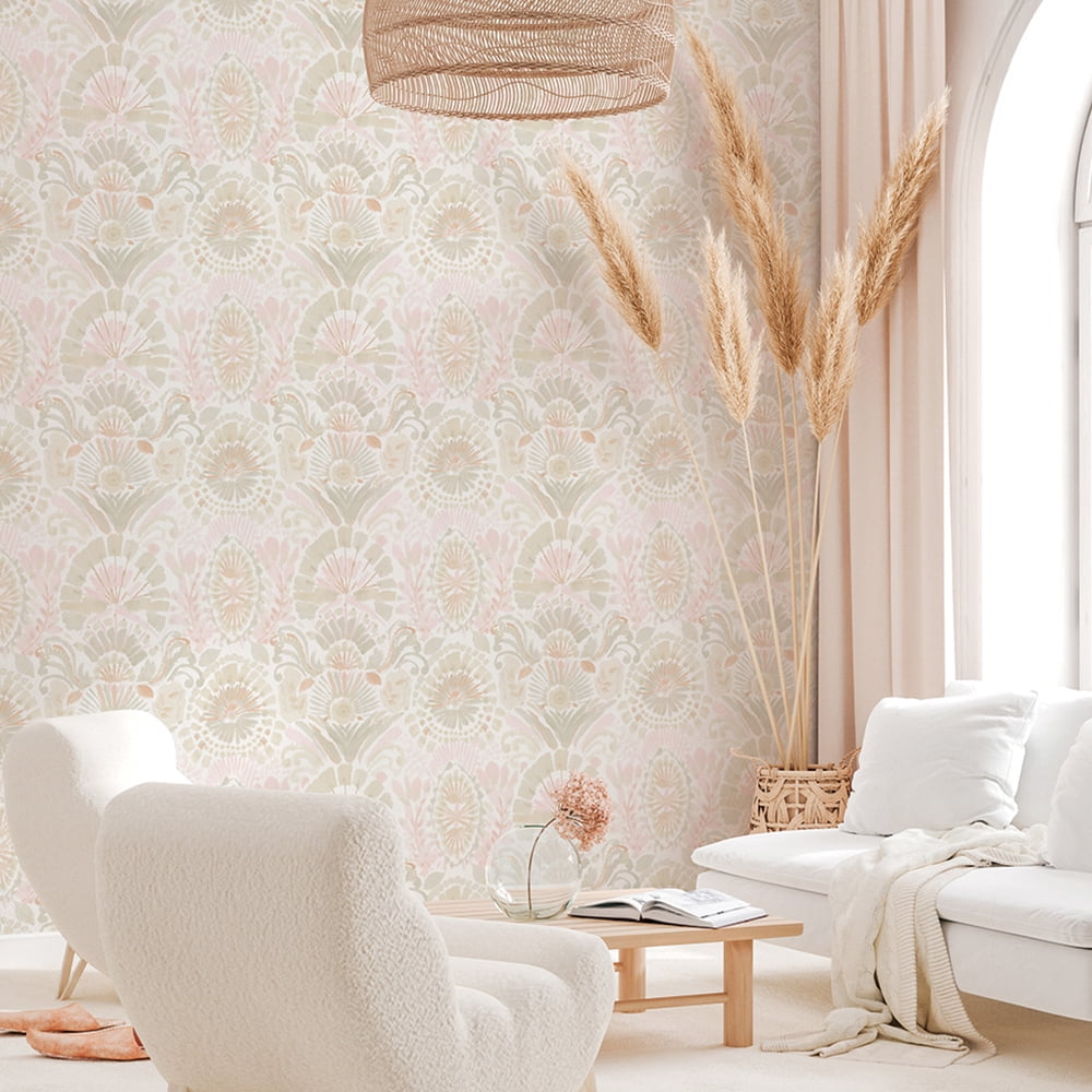 Tempaper Bohemia Pink Damask Removable Peel and Stick Wallpaper, 20.5" x 9'