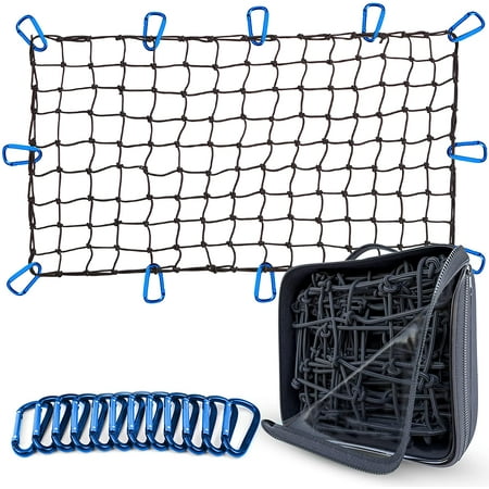 Grit Performance Cargo Net for Pickup Truck Bed - 4 x 6 Foot  Heavy-Duty  Mesh Square Bungee Netting with 12 Blue Clips and Storage Bag  Blue