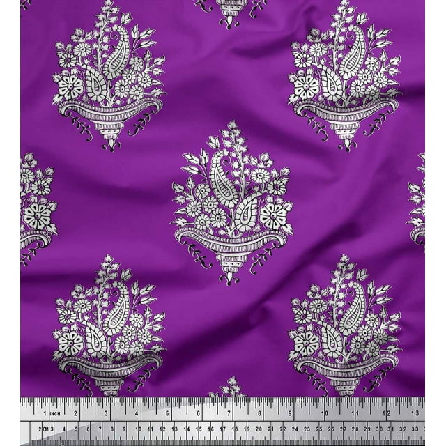 Soimoi Satin Silk Fabric Leaves,Floral & Paisley Block Print Sewing Fabric Yard 42 Inch Wide