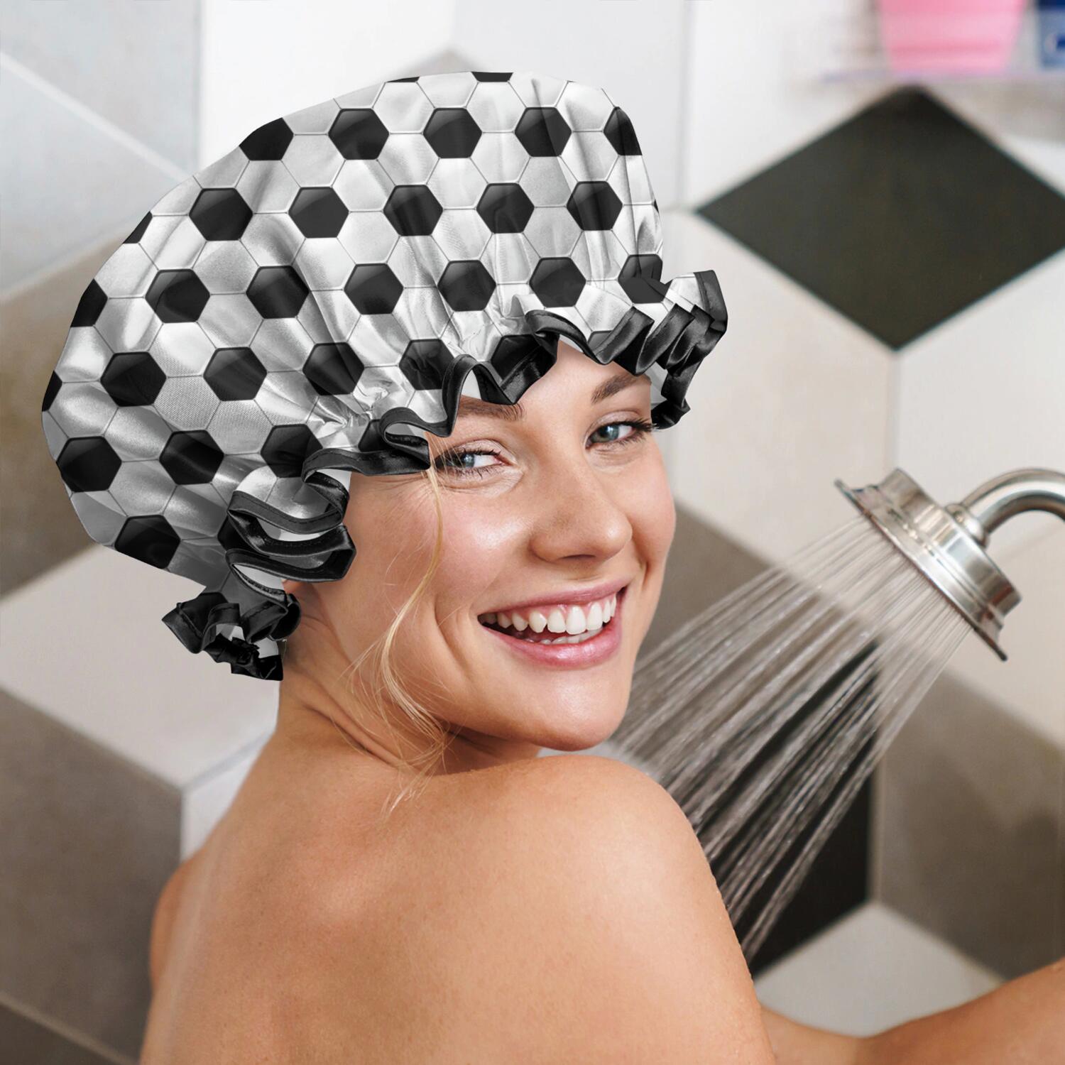 Shower Caps,Black White Soccer Pattern Waterproof Shower Cap for Women 4 Pieces,Double Reusable Hair Cover for Shower PEVA Elastic Stretch Hem