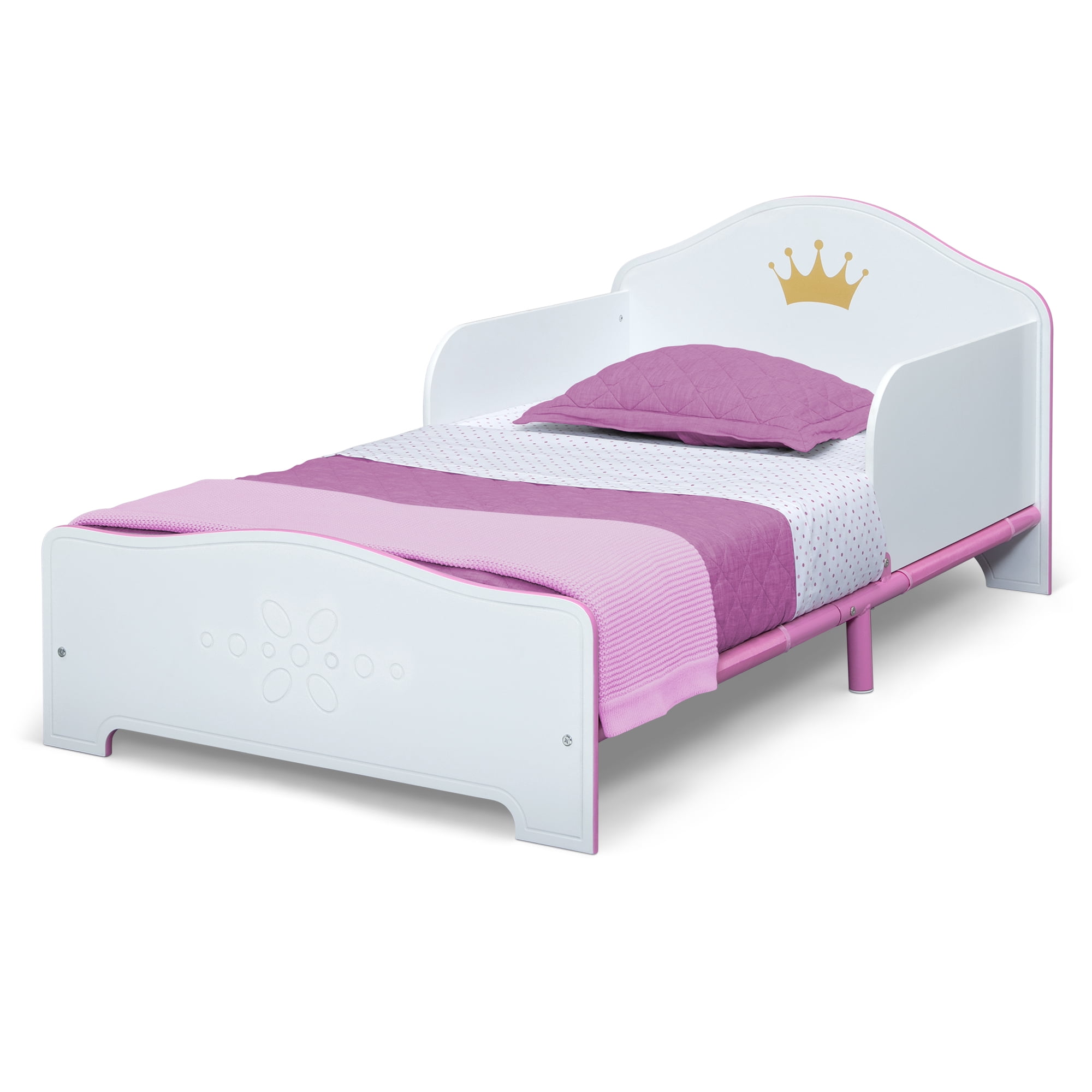 Delta Children Princess Crown Wood Toddler Bed with Fabric Mattress Support, Greenguard Gold Certified, White/Pink