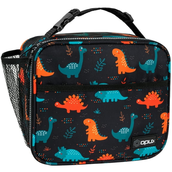 OPUX Insulated Lunch Bag Kids, Lunch Box for School Boy Girl, Leakproof Small Reusable Compact Soft Mini Cooler Bag, Toddler Small Lunch Boxes Kit Pail with Front Side Pockets (Dinosaur)