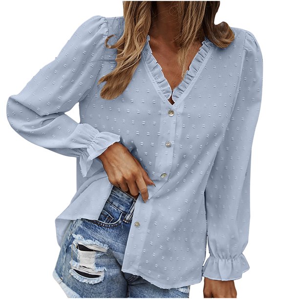 Blusa de mujer de manga larga con cuello en V de color sólido de verano a la moda para mujer Pompotops gfhjh22867