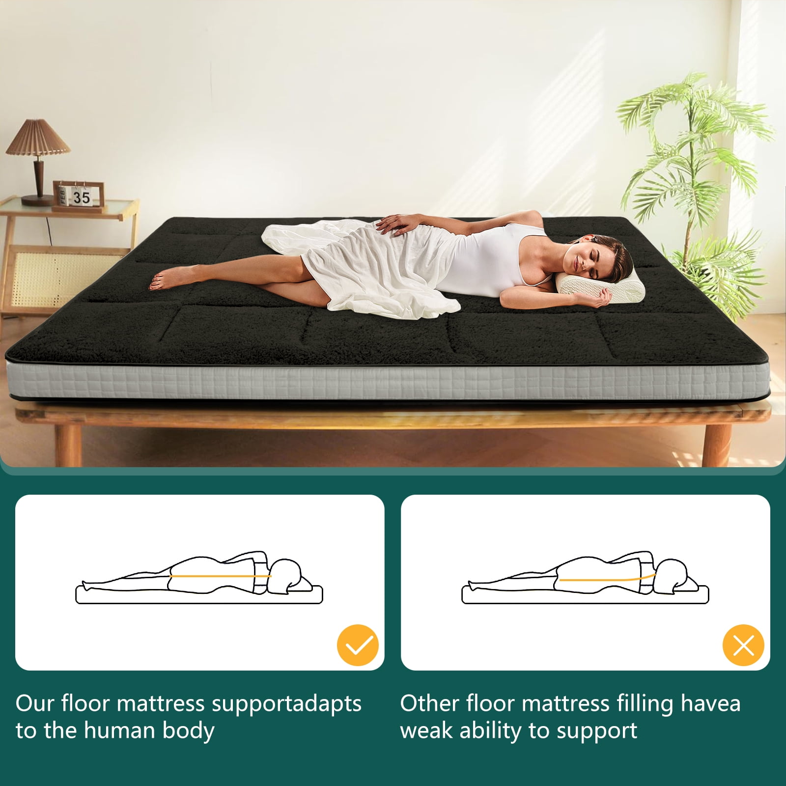 Slsy Sherpa Japanese Floor Mattress, Twin/Full/Queen Size Futon Mattress, 4'' Thicken 2 Sided Tatami Mat, Foldable Tatami Mat Portable Dormitory Sleeping Pad, Roll Up Floor Lounger Bed for Adult Child