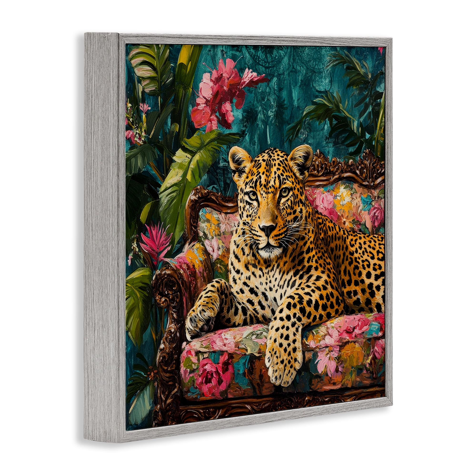 Stupell Industries Fashionable Leopard on Floral Sofa Gray Framed Giclee Art, design by Petal Prints Design