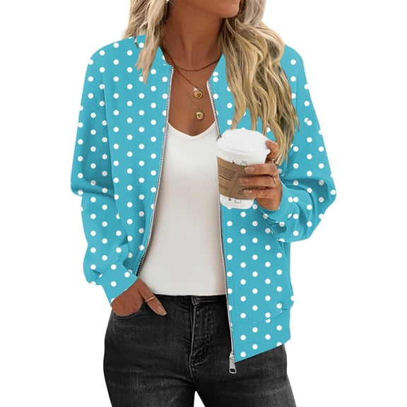 cocolona Fall Jackets for Women Long Sleeve Zip Up Sweatshirts Jacket Fashion Casual Polka Print Coat Tops with Pockets