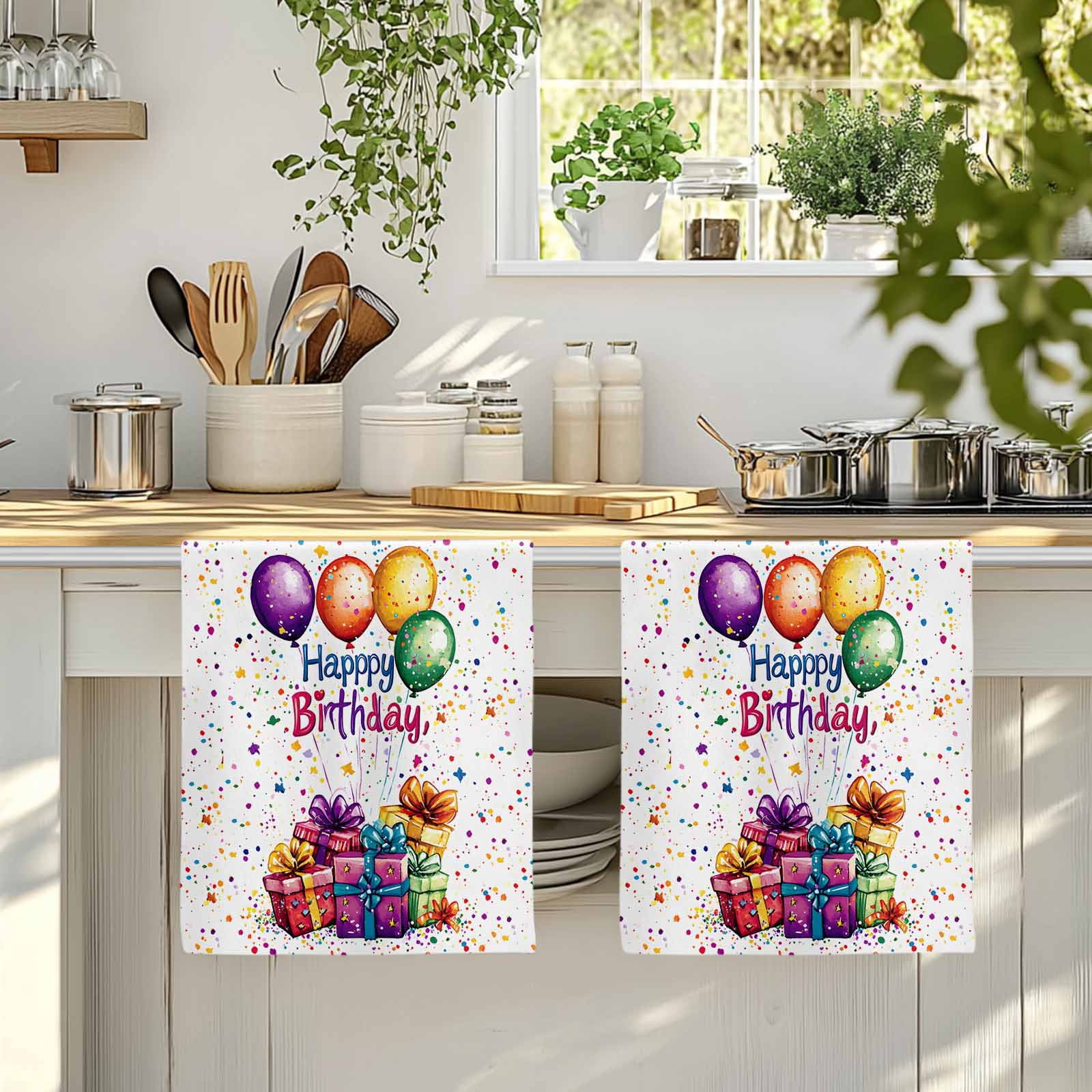Happy Birthday Kitchen Towels Set of 2, Colorful Balloon Gifts Patterns Soft Microfiber Dish Towels, Absorbent Quick-Dry Washable Dishcloths for Kitchen Cleaning, Drying Dishes, 18x28 Inches