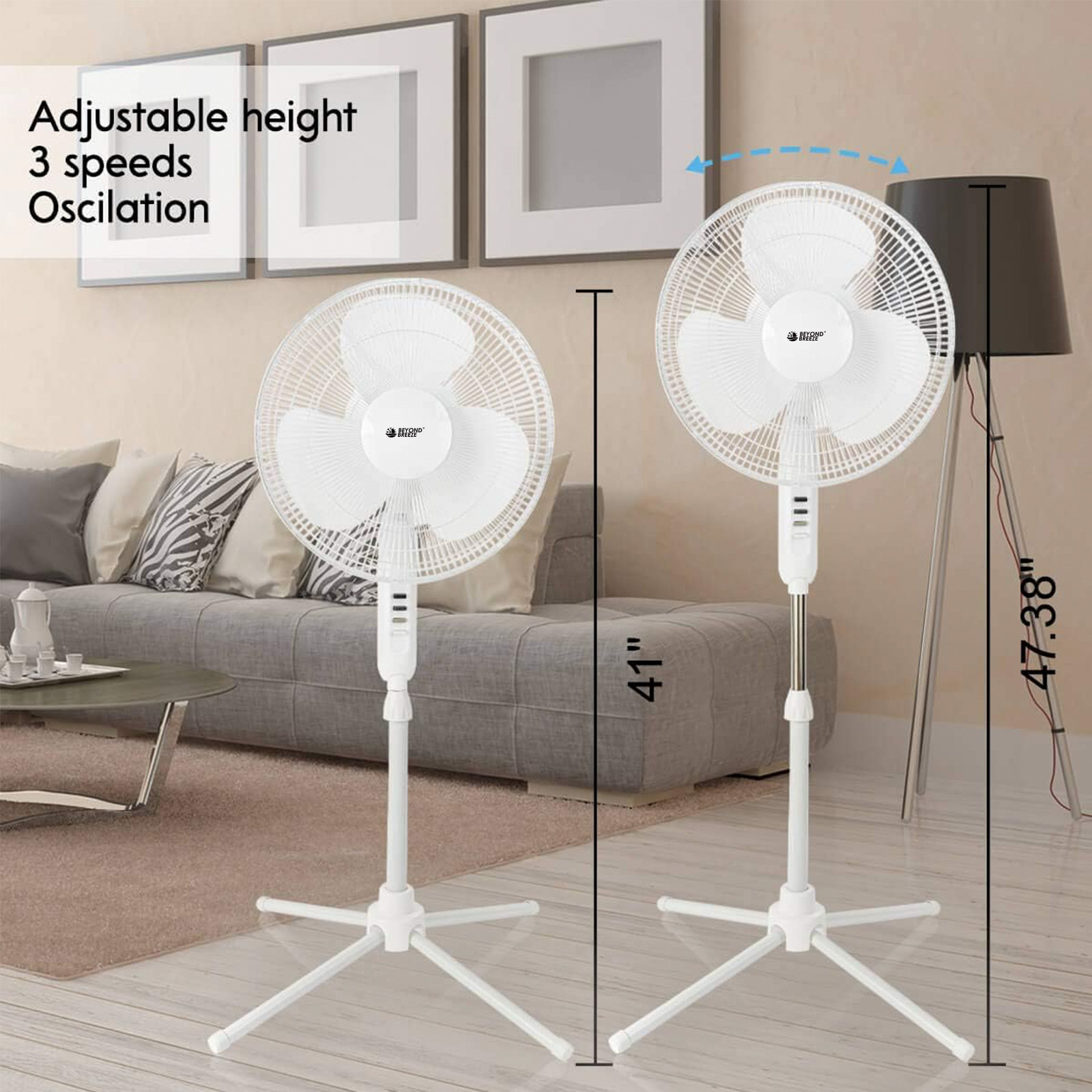 BEYOND BREEZE 16" 3-Speed Adjustable Oscillating Pedestal Fan