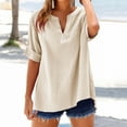 thumbnail image 2 of Holzkary Loose Shirt Top Stand Solid Color Sleeve Collar Casual Womens Short Sleeve Summer Tops Casual V Neck Button Down Shirts Loose Fitted Solid Color Tees Fashion Ladies Tops Beige 5Xl, 2 of 9