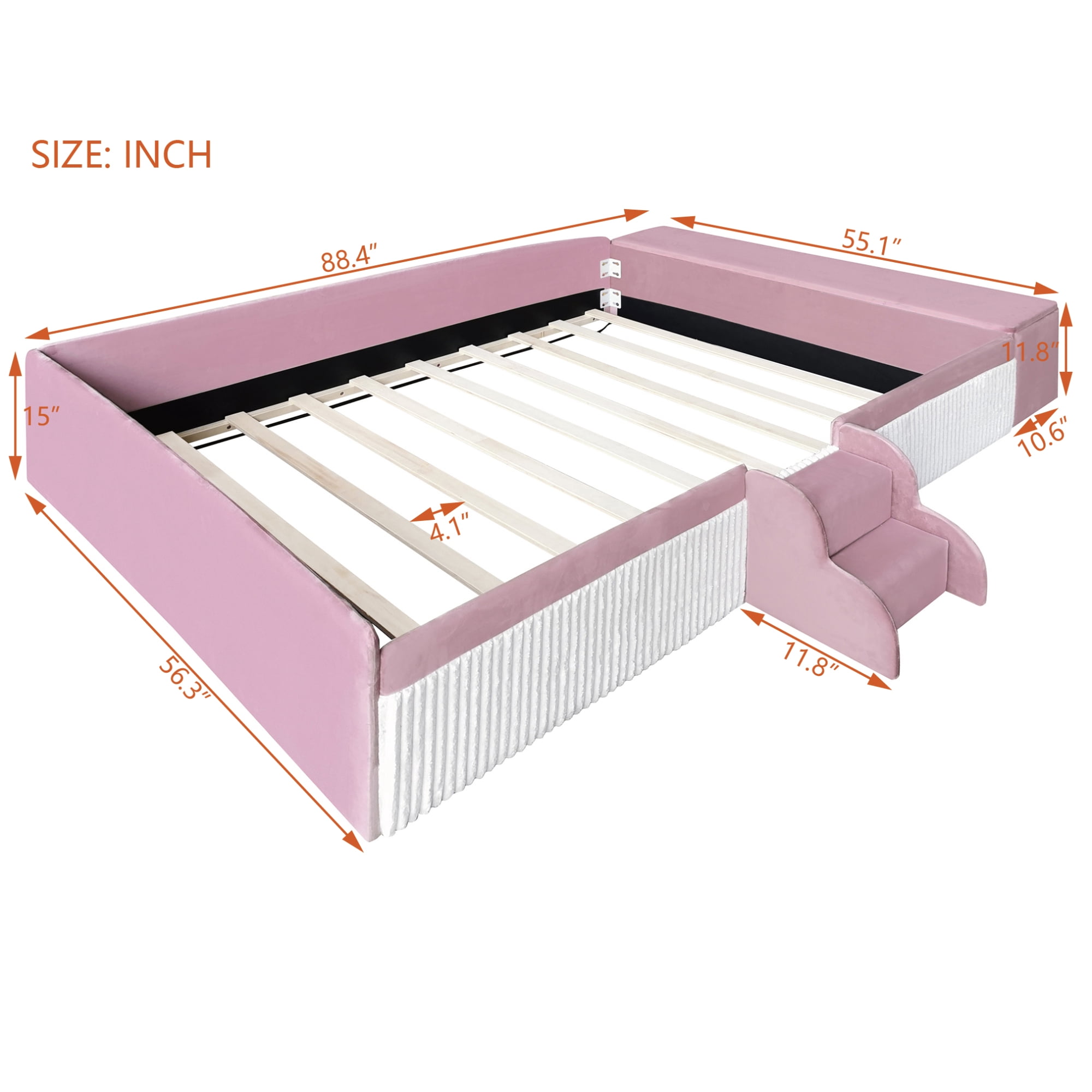 Leumius Full Size Floor Bed Frame with Stairs & Gas Lift Storage Ottoman, Velvet Upholstered Daybed with Padded Guardrails, Pink+White